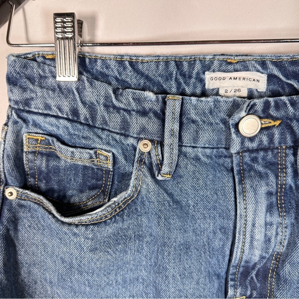 Good American ‘Good Boy’ Side-Slit Straight Jeans Blue941 (2/26) Rigid High Rise - Picture 7 of 13